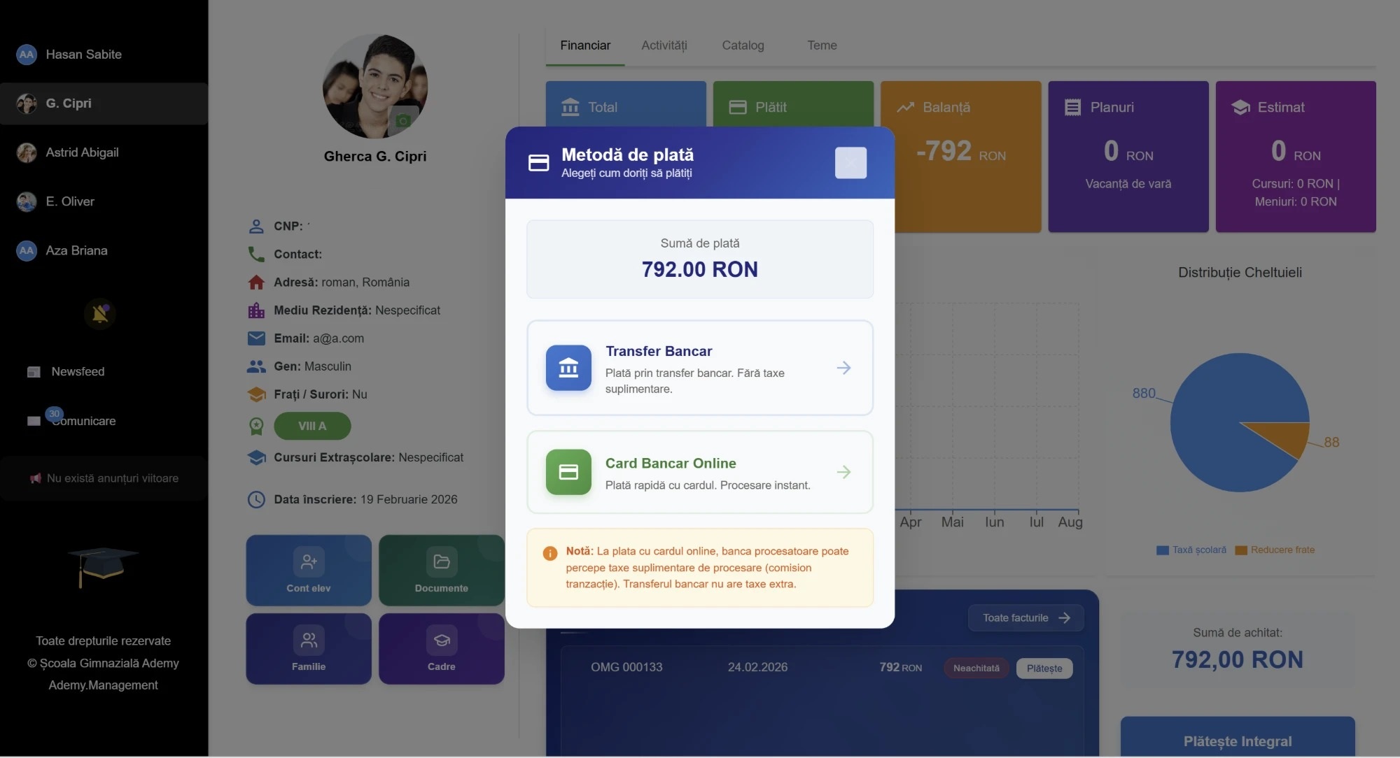 Plata unei facturi din contul părintelui: transfer bancar sau card bancar online, procesare instant.