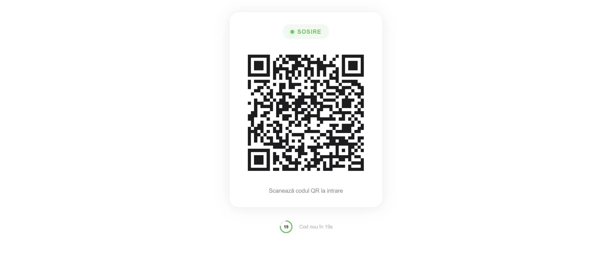 Ecranul de pontaj de la intrare: cod QR de sosire care se reînnoiește la câteva secunde.
